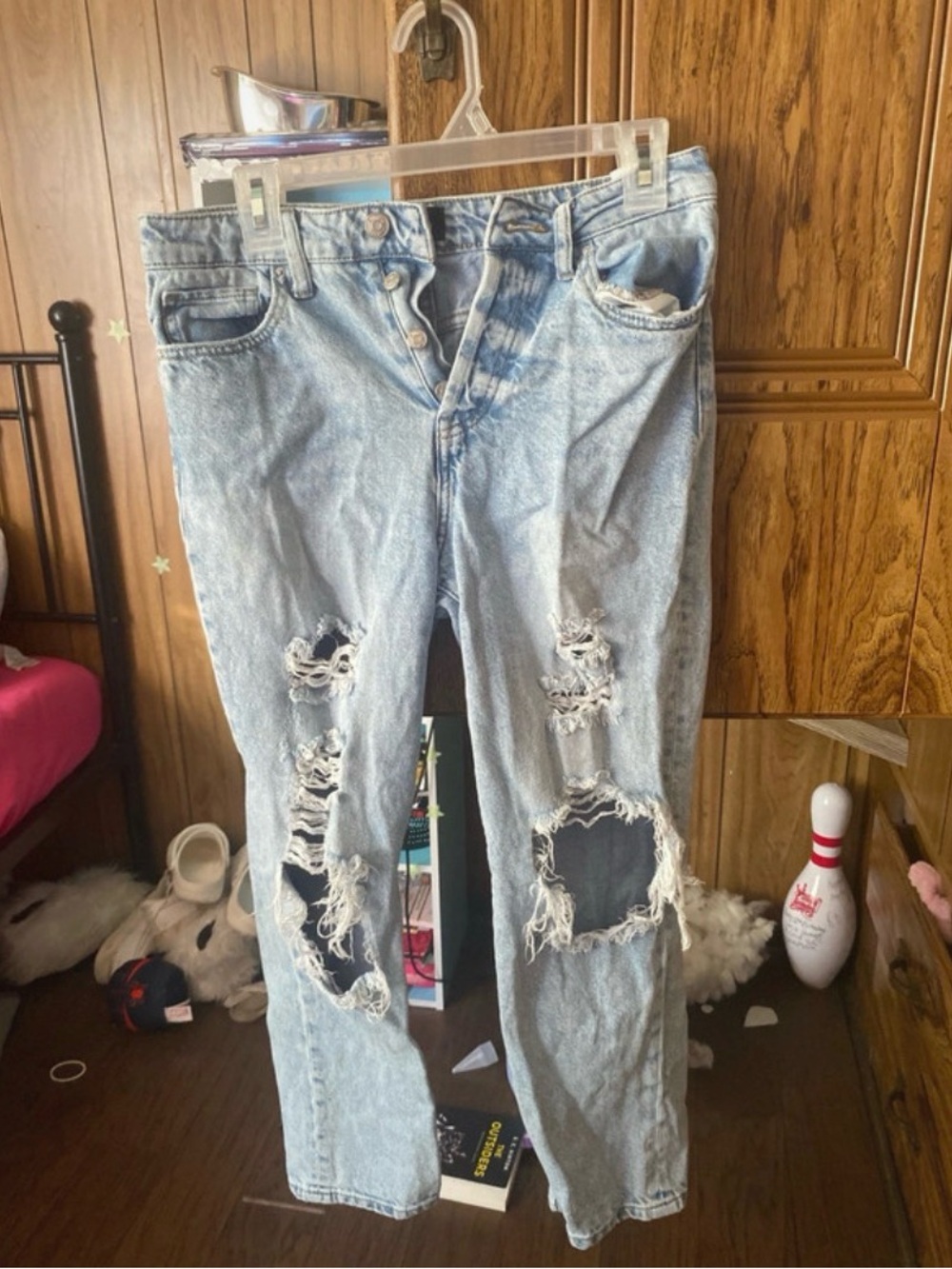 Light Blue Distressed Straight Leg Jeans - Casual Women's Denim